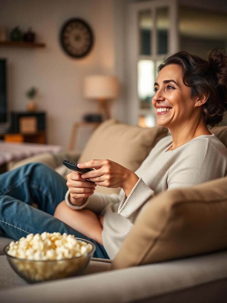 Mulher sorrindo no sofá assistindo TV com pipoca